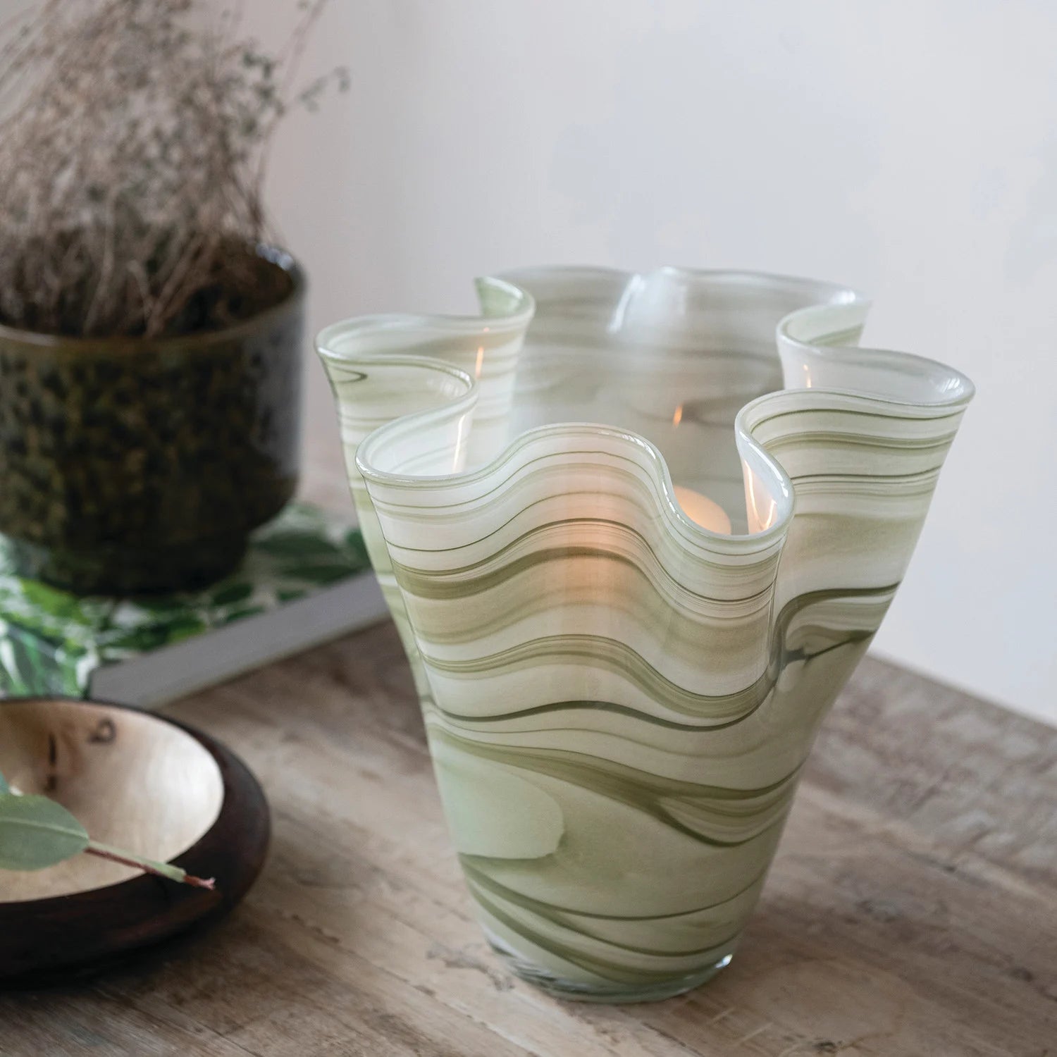Hand-Blown Glass Ruffled Vase with Swirled Design